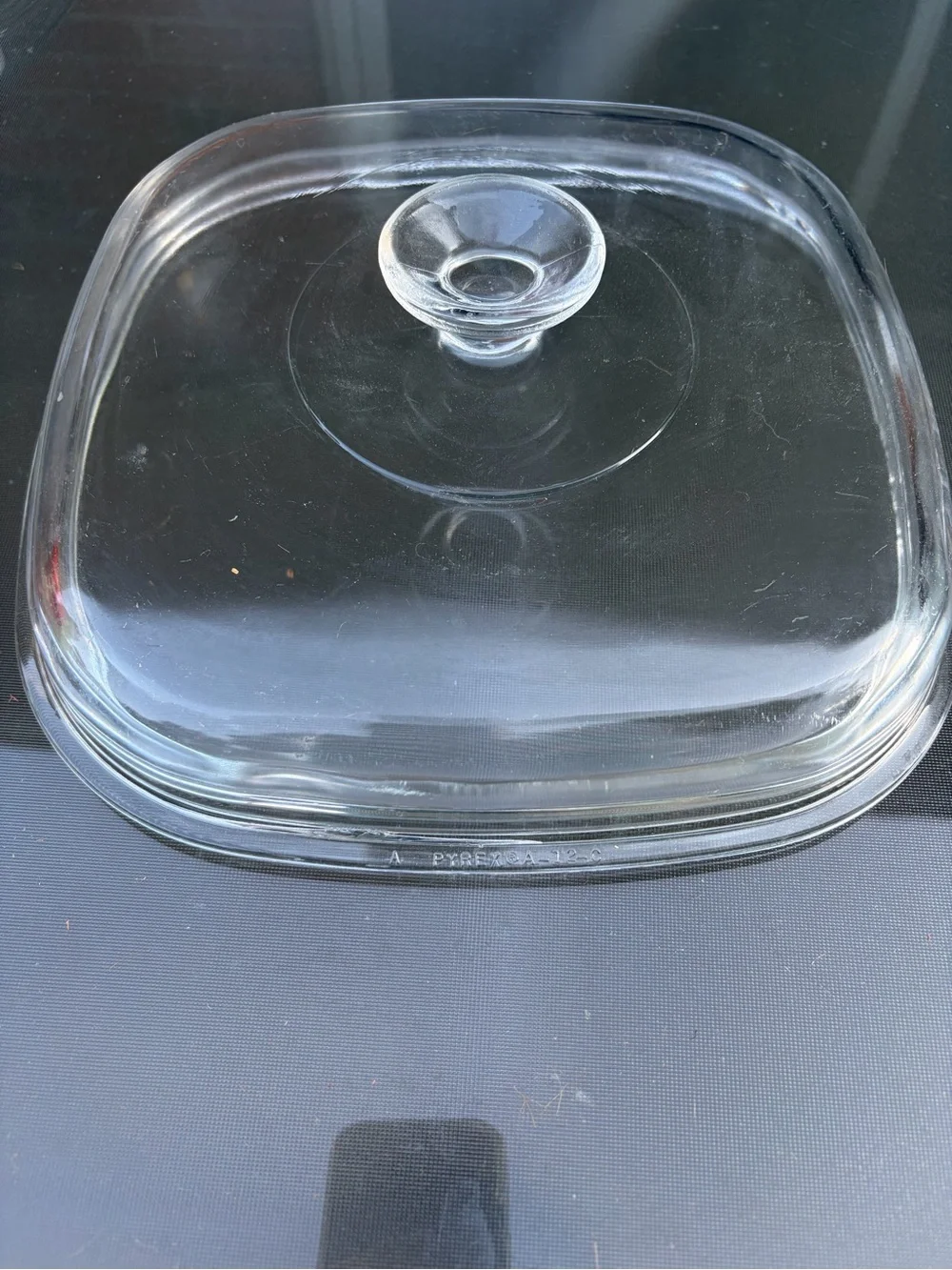 PYREX A-12-C Clear Glass Square Lid with Knob - chips pictured